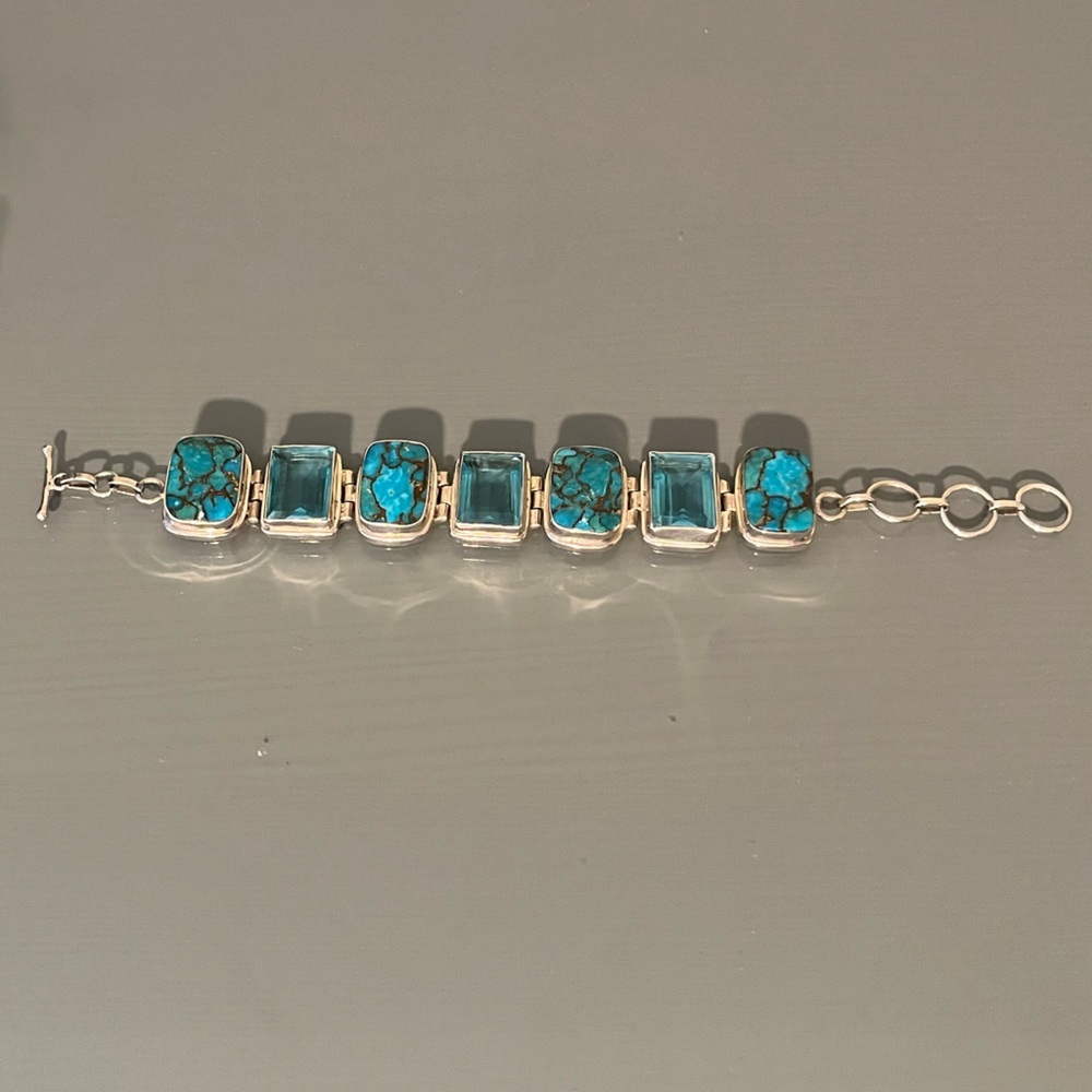 Sterling Silver Turquoise and Swiss Blue Topaz Toggle Bracelet